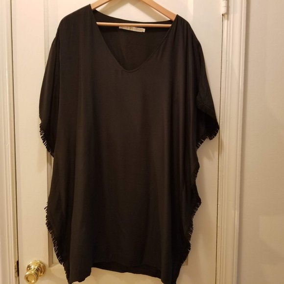 100% Silk Maura Fringe Caftan-Black, size Large - Picture 1 of 4